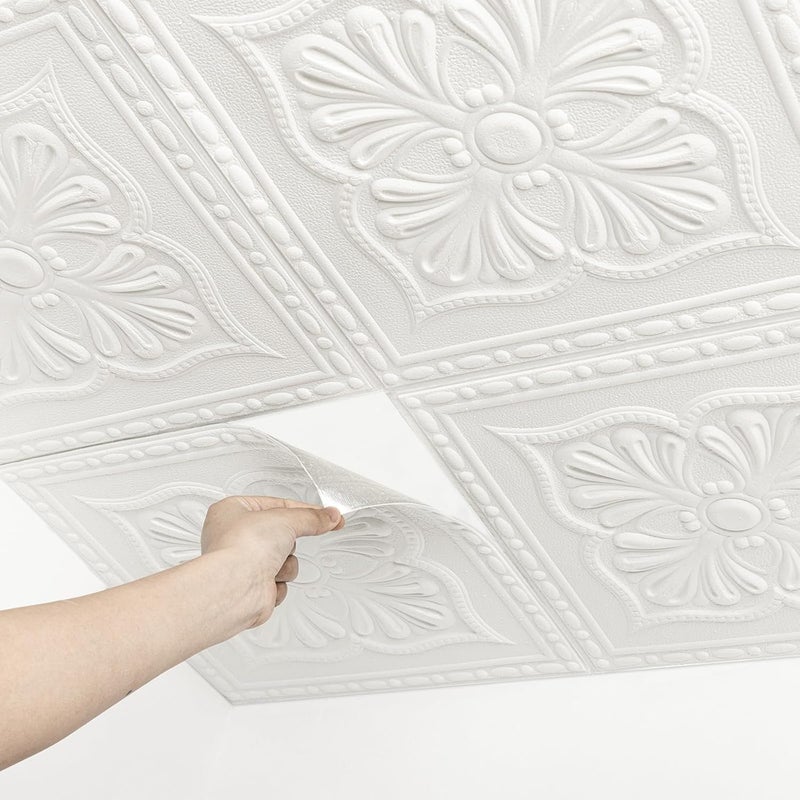 Dureidos Ceiling Tiles Peel and Stick, 32 Pcs Ceiling Tiles Foam, Covered 42 Sq.Ft, Easy to Install and Cut for Ceil and Interior Wall Decor, Plain White（13.8 x 13.8 inch） - Image 1
